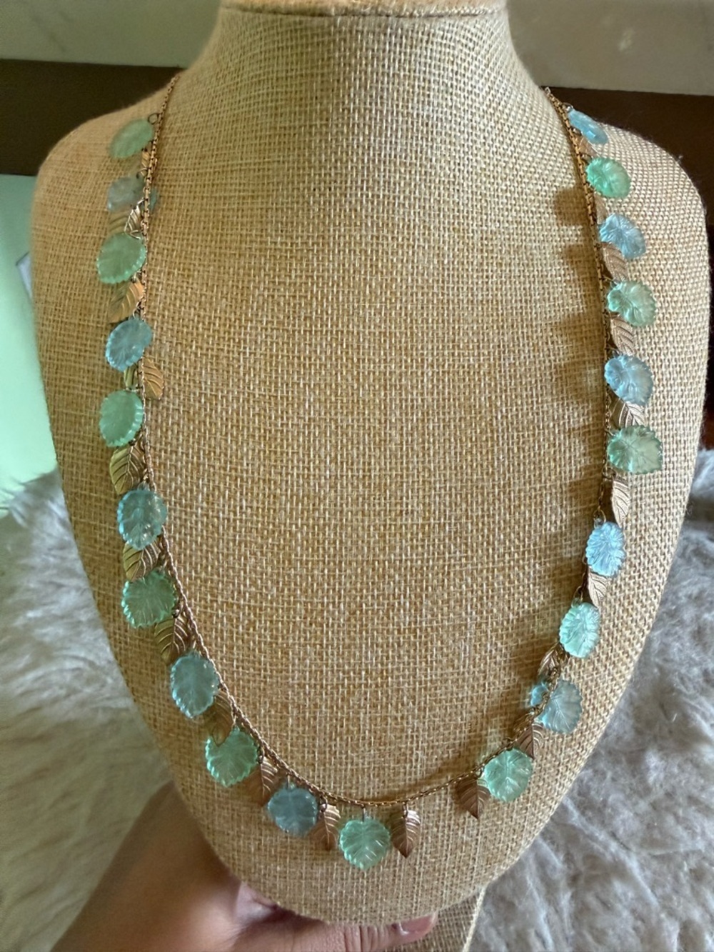 Gold Leaf Chain Necklace with Aqua Blue leaves